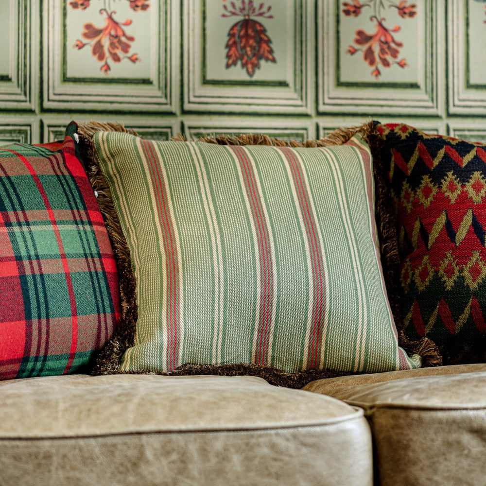 Mind The Gap Pillows TYROLEAN STRIPES Cushion (LC40183) | LC40183 | TYROL APRES-SKI HOME COLLECTION | 20 x 20 in | Brown, Green | Fabric Carolina | https://www.fabriccarolina.com/