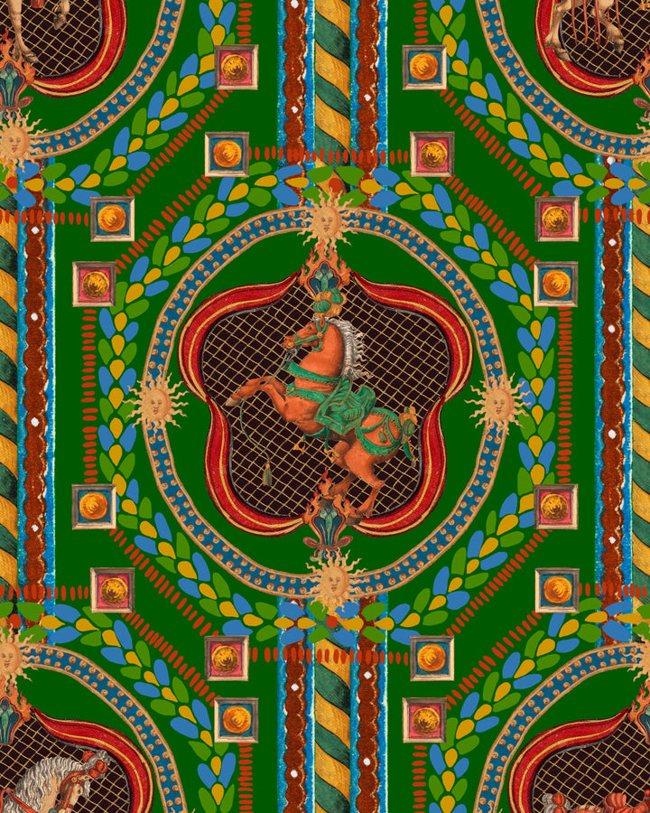 VENETIAN ORNAMENT Green Wallpaper (WP20768) by Mind The Gap | WP20768 | ORIENT EXPRESS | 1 roll x 52x900 cm / 20.47x354.33in | 0.52m / 20.5in | 9m / 354in | 4.68sqm / 50sq ft | 70cm / 27.5in | Green, Yellow, Red, Burgundy | Non-woven Textured | Paste the wall | 1-roll in a box | Fabric Carolina | https://www.fabriccarolina.com/