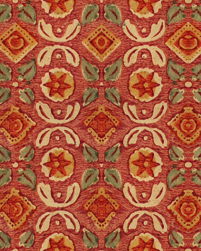 Mind The Gap Wallpaper VARANASI Grenadine Wallpaper (WP30098) | WP30098 | WOODSTOCK '69 LIFESTYLE COLLECTION | 1 roll x 20.5 x 393.7 in | 0.52m / 20.5in | 10m / 393.7in | 5.20mp | 50cm / 19.6in | Green, Red, Taupe | Satin Matte | Paste the wall | 1-roll in a box | Fabric Carolina | https://www.fabriccarolina.com/