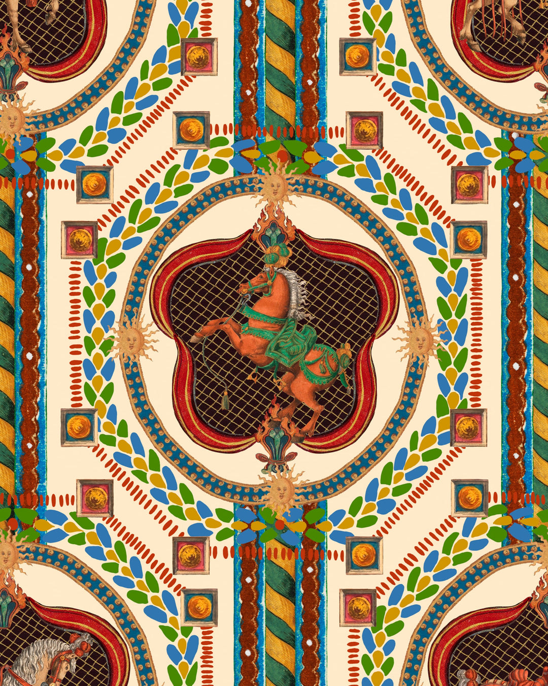 VENETIAN ORNAMENT Wallpaper (WP20769) by Mind The Gap | WP20769 | ORIENT EXPRESS | 1 roll x 52x900 cm / 20.47x354.33in | 0.52m / 20.5in | 9m / 354in | 4.68sqm / 50sq ft | 70cm / 27.5in | Blue, Green, Red, Cream | Non-woven Textured | Paste the wall | 1-roll in a box | Fabric Carolina | https://www.fabriccarolina.com/