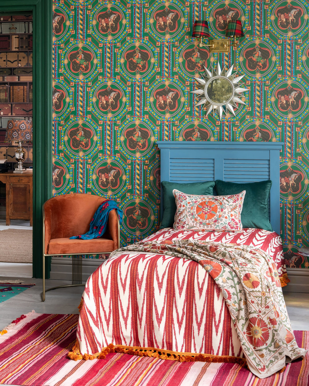 VENETIAN ORNAMENT Wallpaper (WP20769) by Mind The Gap | WP20769 | ORIENT EXPRESS | 1 roll x 52x900 cm / 20.47x354.33in | 0.52m / 20.5in | 9m / 354in | 4.68sqm / 50sq ft | 70cm / 27.5in | Blue, Green, Red, Cream | Non-woven Textured | Paste the wall | 1-roll in a box | Fabric Carolina | https://www.fabriccarolina.com/