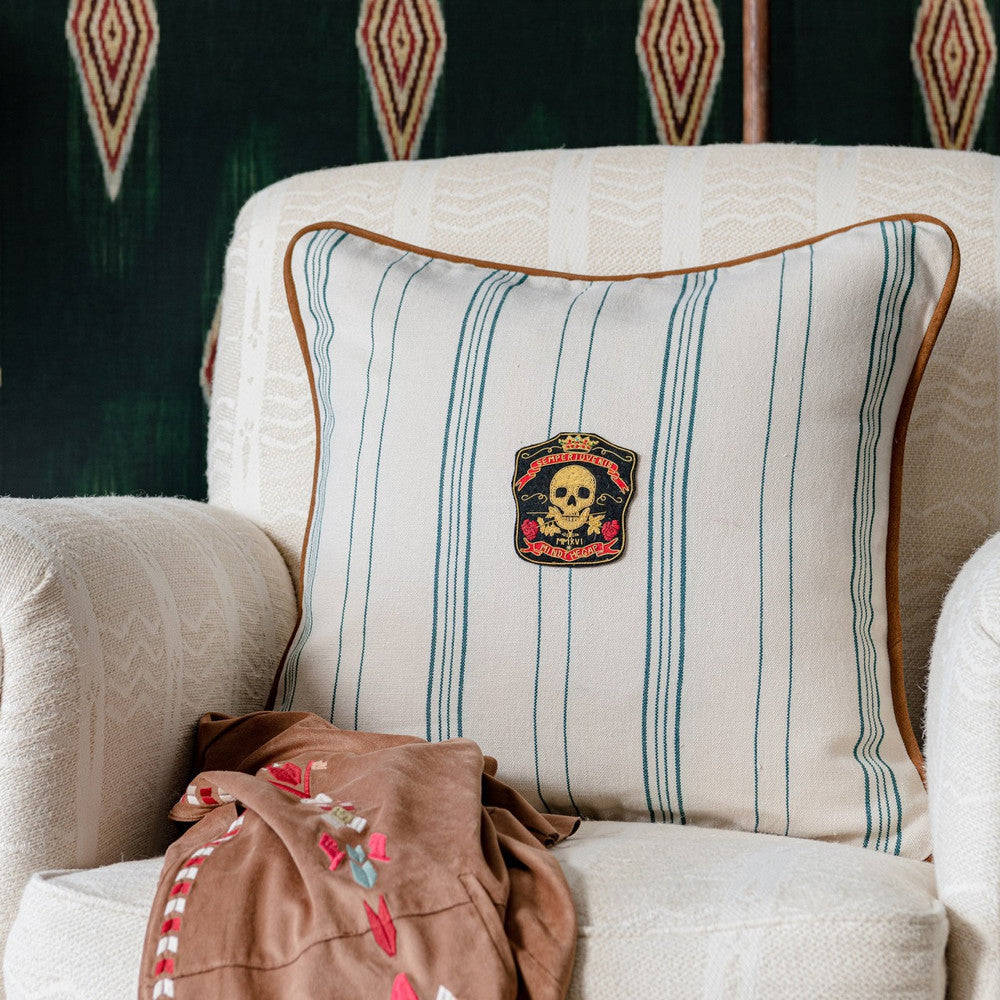 Wichita Stripes Cushion by Mind the Gap Designer Pillow WOODSTOCK '69 LIFESTYLE COLLECTION 100% Linen, printed and stonewashed Made in Romania Leather piped edge 20 x 20 in - Swanky Fabrics -