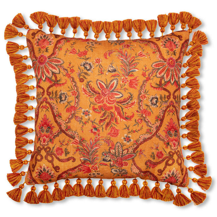 Woodstock Cushion by Mind the Gap Designer Pillow WOODSTOCK '69 LIFESTYLE COLLECTION 100% Linen, printed and stonewashed Made in Romania Matching tassels all around the cushion 20 x 20 in - Swanky Fabrics -