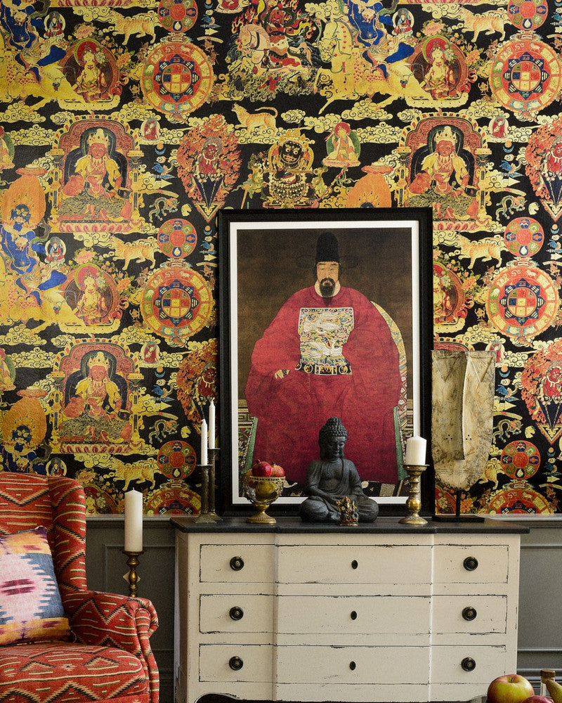 Mind The Gap Wallpaper TIBETAN TAPESTRY Metallic Edition Wallpaper (WP20450) | WP20450 | THE WALLPAPER COMPENDIUM 1 | 3 rolls x 19.17 x 118.1 in | 0.487m / 19.17in | 3m / 118in | 4.35mp | 93.6cm / 36.8in | Black, Red, Gold | Gold Foil | Paste the wall | 3-rolls in a box | Fabric Carolina | https://www.fabriccarolina.com/