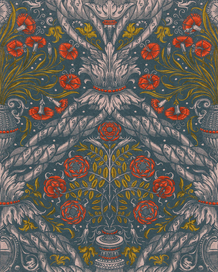 Floral Ornament Scarlet Wallpaper by Mind the Gap Designer Wallpaper THE WALLPAPER COMPENDIUM 1 Non-woven Made in Europe Paste the wall 3 rolls x 20.5 x 3.25 yards - Swanky Fabrics -