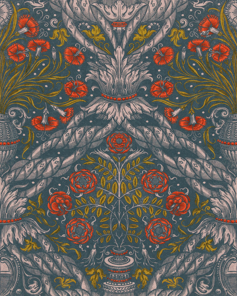 Mind The Gap Wallpaper FLORAL ORNAMENT Scarlet Wallpaper (WP20471) | WP20471 | THE WALLPAPER COMPENDIUM 1 | 3 rolls x 20.5 x 118.1 in | 0.52m / 20.5in | 3m / 118in | 4.65mp | 65cm / 25.6in | Blue, Red, Taupe | Non-woven | Paste the wall | 3-rolls in a box | Fabric Carolina | https://www.fabriccarolina.com/