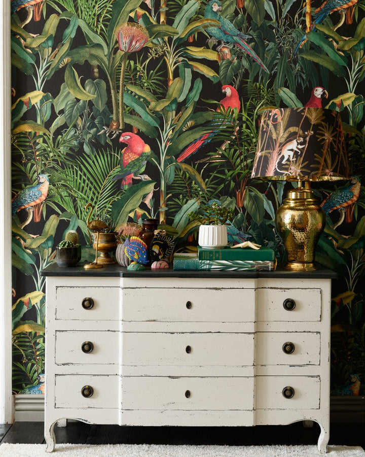 Parrots Of Brasil Anthracite Wallpaper by Mind the Gap Designer Wallpaper THE WALLPAPER COMPENDIUM 1 Textured Matte Made in Europe Paste the wall 3 rolls x 20.5 x 3.25 yards - Swanky Fabrics -