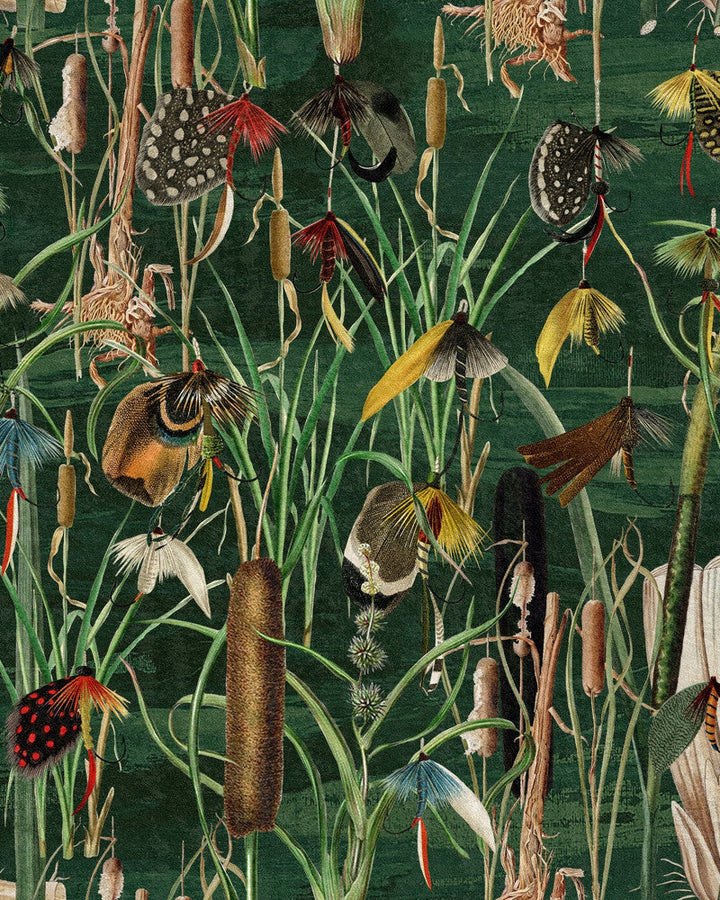 Fishing Flies Greenlake Wallpaper by Mind the Gap Designer Wallpaper THE WETLANDS Non-woven Made in Europe Paste the wall 1 roll x 20.47 x 9.8 yards - Swanky Fabrics -