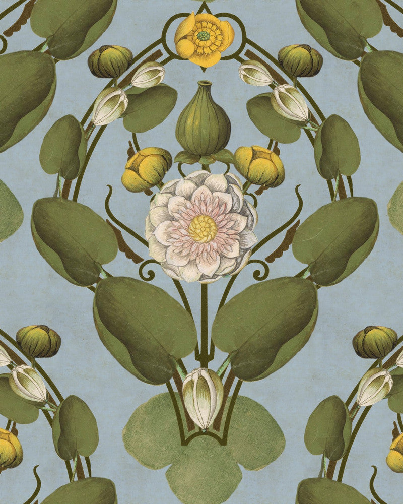 Nymphaea Powder Blue Wallpaper by Mind the Gap Designer Wallpaper THE WETLANDS Non-woven Made in Europe Paste the wall 1 roll x 20.47 x 9.8 yards - Swanky Fabrics -