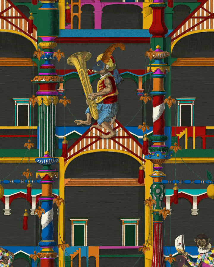 EL CIRCO Dark Wallpaper (WP20836) by Mind The Gap | WP20836 | LA DOLCE VITA | 1 roll x 52x900 cm / 20.47x354.33in | 0.52m / 20.5in | 9m / 354in | 4.68sqm / 50sq ft | 150cm / 59in | Blue, White, Green, Yellow, Pink, Orange, Red, Turquoise, Charcoal | Non-woven Textured | Paste the wall | 1-roll in a box | Fabric Carolina | https://www.fabriccarolina.com/
