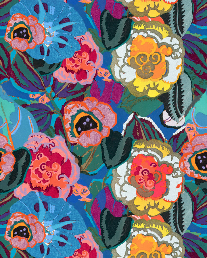 FIORI IN FIORE Wallpaper (WP20838) by Mind The Gap | WP20838 | LA DOLCE VITA | 1 roll x 52x900 cm / 20.47x354.33in | 0.52m / 20.5in | 9m / 354in | 4.68sqm / 50sq ft | 50cm / 19.6in | Blue, White, Green, Yellow, Orange, Burgundy, Purple, Magenta, Salmon | Non-woven Textured | Paste the wall | 1-roll in a box | Fabric Carolina | https://www.fabriccarolina.com/