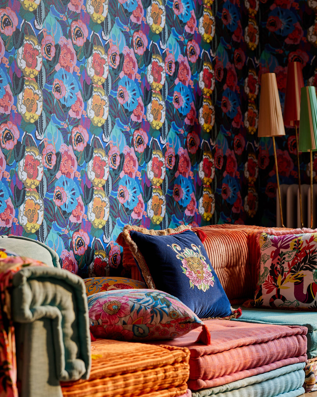FIORI IN FIORE Wallpaper (WP20838) by Mind The Gap | WP20838 | LA DOLCE VITA | 1 roll x 52x900 cm / 20.47x354.33in | 0.52m / 20.5in | 9m / 354in | 4.68sqm / 50sq ft | 50cm / 19.6in | Blue, White, Green, Yellow, Orange, Burgundy, Purple, Magenta, Salmon | Non-woven Textured | Paste the wall | 1-roll in a box | Fabric Carolina | https://www.fabriccarolina.com/