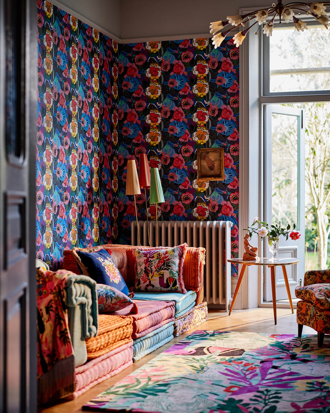 FIORI IN FIORE Wallpaper (WP20838) by Mind The Gap | WP20838 | LA DOLCE VITA | 1 roll x 52x900 cm / 20.47x354.33in | 0.52m / 20.5in | 9m / 354in | 4.68sqm / 50sq ft | 50cm / 19.6in | Blue, White, Green, Yellow, Orange, Burgundy, Purple, Magenta, Salmon | Non-woven Textured | Paste the wall | 1-roll in a box | Fabric Carolina | https://www.fabriccarolina.com/