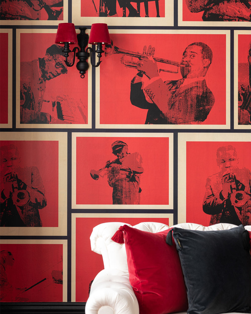 COTTON CLUB Wallpaper (WP20873) by Mind The Gap | WP20873 | JAZZ LIVE | 3 rolls x 52 x 300 cm / 20.5 x 118.1in | 0.52m / 20.5in | 300 cm / 393.7in | 4.68sqm / 50sq ft | 300cm / 118.1in | Black, Red, Cream | Non-woven Satin | Paste the wall | 3 rolls in a box | Fabric Carolina | https://www.fabriccarolina.com/