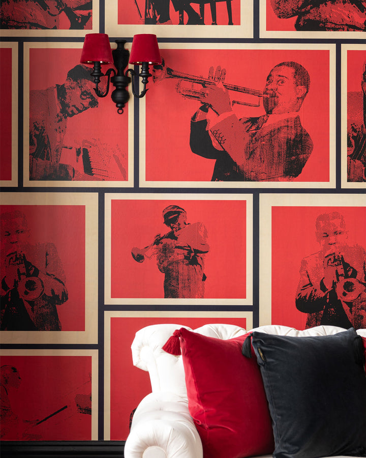 COTTON CLUB Wallpaper (WP20873) by Mind The Gap | WP20873 | JAZZ LIVE | 3 rolls x 52 x 300 cm / 20.5 x 118.1in | 0.52m / 20.5in | 300 cm / 393.7in | 4.68sqm / 50sq ft | 300cm / 118.1in | Black, Red, Cream | Non-woven Satin | Paste the wall | 3 rolls in a box | Fabric Carolina | https://www.fabriccarolina.com/