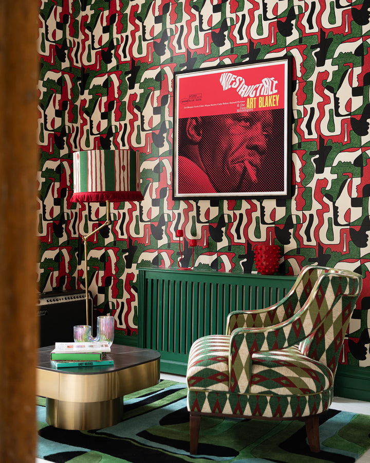 SAUDADE in Red Wallpaper (WP20877) by Mind The Gap | WP20877 | JAZZ LIVE | 1 roll x 52 x 900 cm / 20.47 x 354.33in | 0.52m / 20.5in | 900 cm / 393.7in | 4.68sqm / 50sq ft | 70cm / 27.5in | Black, Red, Cream | Non-woven Satin | Paste the wall | 1 roll in a box | Fabric Carolina | https://www.fabriccarolina.com/