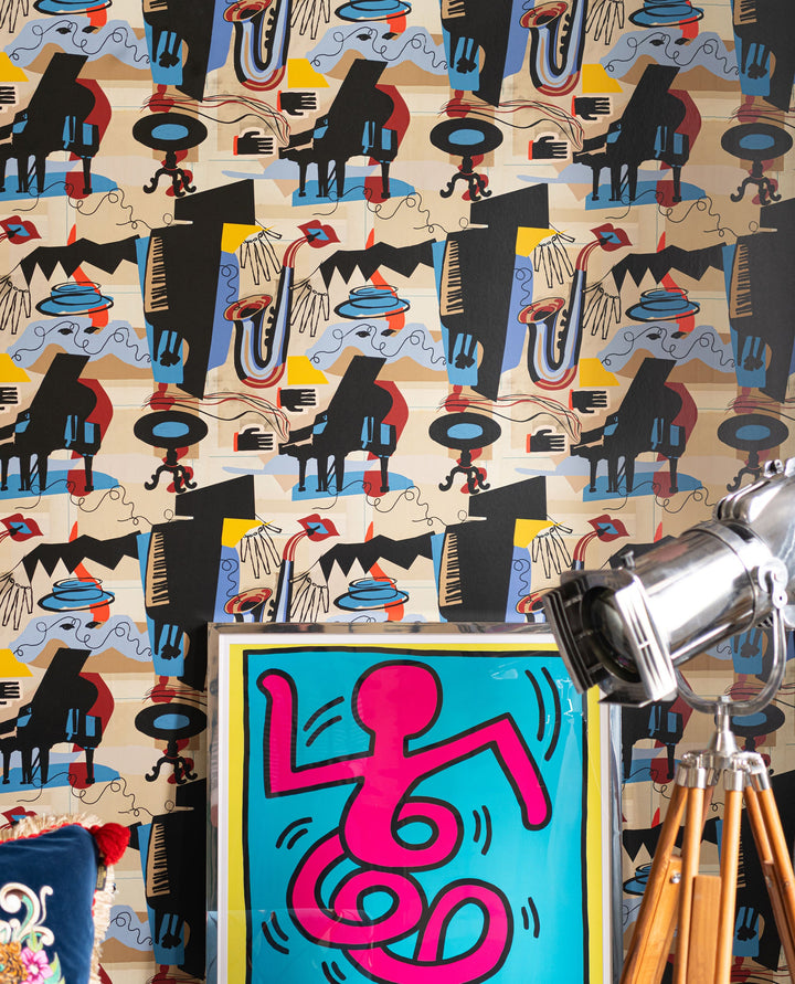 SO WHAT Wallpaper (WP20879) by Mind The Gap | WP20879 | JAZZ LIVE | 1 roll x 52 x 900 cm / 20.47 x 354.33in | 0.52m / 20.5in | 900 cm / 393.7in | 4.68sqm / 50sq ft | 52cm / 20.5in | Taupe, Black, Blue, Yellow, Orange, Red | Non-woven Satin | Paste the wall | 1 roll in a box | Fabric Carolina | https://www.fabriccarolina.com/