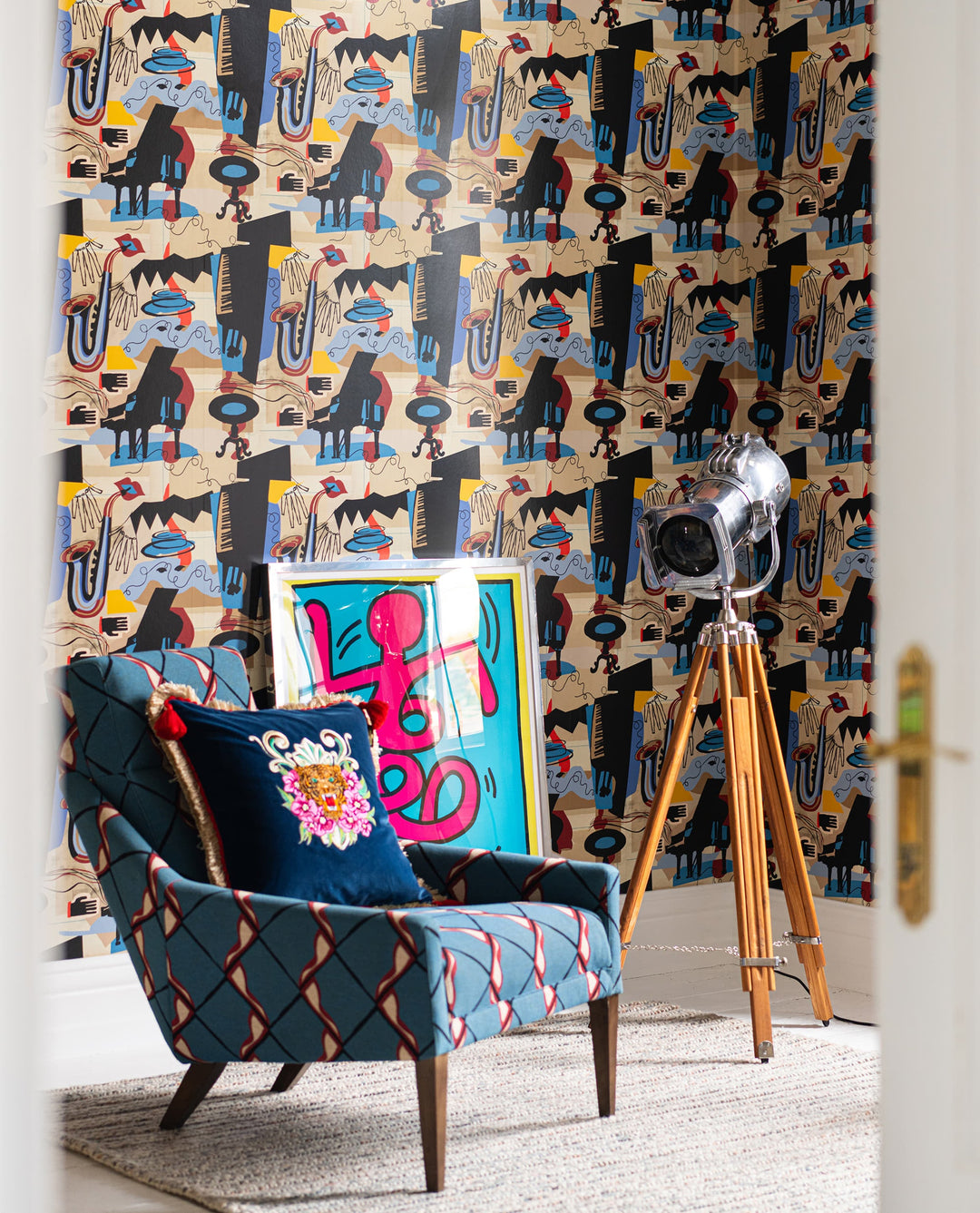 SO WHAT Wallpaper (WP20879) by Mind The Gap | WP20879 | JAZZ LIVE | 1 roll x 52 x 900 cm / 20.47 x 354.33in | 0.52m / 20.5in | 900 cm / 393.7in | 4.68sqm / 50sq ft | 52cm / 20.5in | Taupe, Black, Blue, Yellow, Orange, Red | Non-woven Satin | Paste the wall | 1 roll in a box | Fabric Carolina | https://www.fabriccarolina.com/
