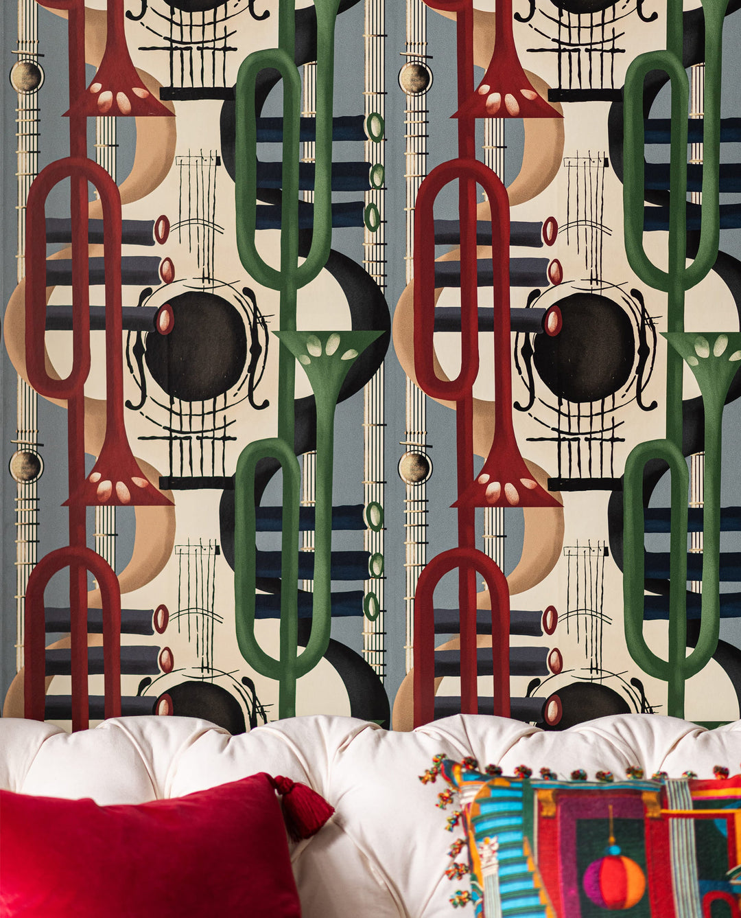 DUET Wallpaper (WP20888) by Mind The Gap | WP20888 | JAZZ LIVE | 1 roll x 52 x 900 cm / 20.47 x 354.33in | 0.52m / 20.5in | 900 cm / 393.7in | 4.68sqm / 50sq ft | 52cm / 20.5in | Taupe, Black, Blue, Green, Red, Cream | Non-woven Satin | Paste the wall | 1 roll in a box | Fabric Carolina | https://www.fabriccarolina.com/