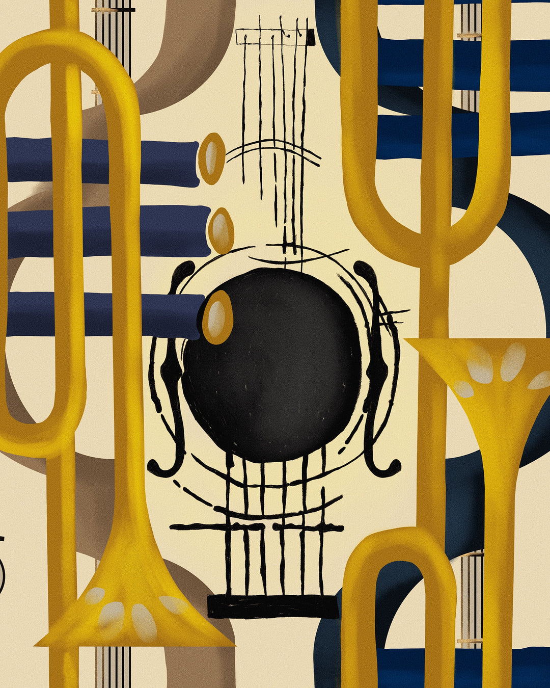 DUET Yellow Wallpaper (WP20889) by Mind The Gap | WP20889 | JAZZ LIVE | 1 roll x 52 x 900 cm / 20.47 x 354.33in | 0.52m / 20.5in | 900 cm / 393.7in | 4.68sqm / 50sq ft | 52cm / 20.5in | Taupe, Black, Blue, Yellow, Brown | Non-woven Satin | Paste the wall | 1 roll in a box | Fabric Carolina | https://www.fabriccarolina.com/