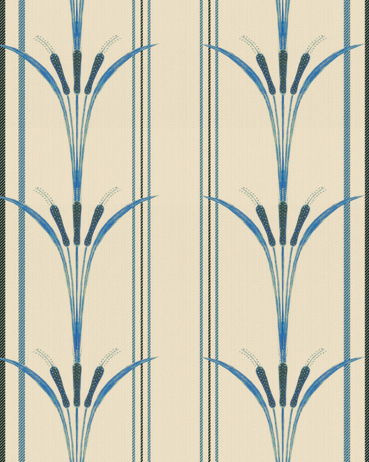 DANUBE STRIPE Blue Wallpaper (WP30156) by Mind The Gap | WP30156 | THE WETLANDS | 1 roll x 52 x 1000 cm / 20.5x393.7 in | 0.52m / 20.5in | 10m / 393.7in | 5.20sqm / 55.9sq ft | 52cm / 20.5in | Taupe, Black, Blue | Non-woven Satin | Paste the wall | 1 roll in a box | Fabric Carolina | https://www.fabriccarolina.com/