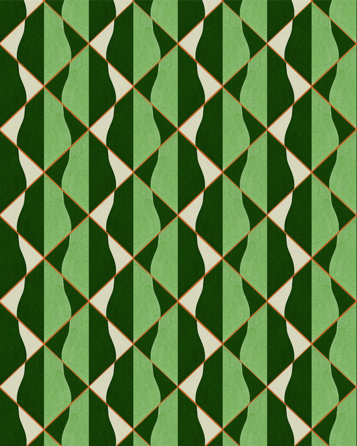 Mind The Gap Wallpaper ONDE Verde Wallpaper (WP30203) | WP30203 | LA DOLCE VITA | 1 roll x 20.5 x 393.7 in | 0.52m / 20.5in | 10m / 393.7in | 4.68mp | 50cm / 19.6in | Green, Orange, Taupe | Satin Matte | Paste the wall | 1-roll in a box | Fabric Carolina | https://www.fabriccarolina.com/