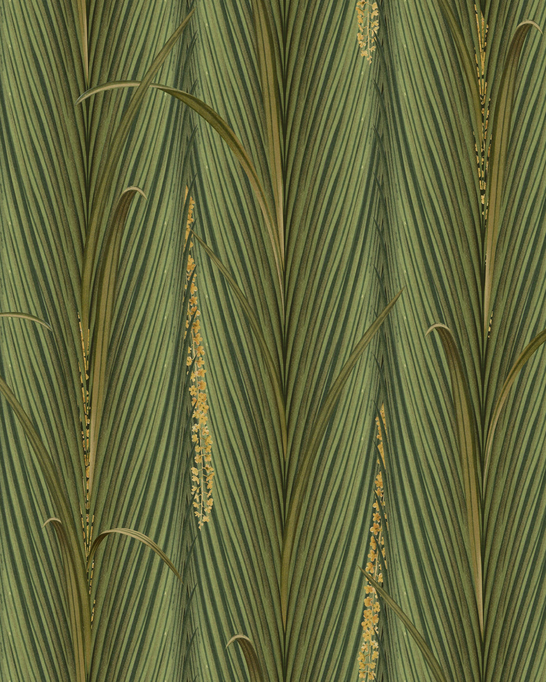 DANUBE FOLIAGE Peridot Wallpaper (WP30218) by Mind The Gap | WP30218 | THE WETLANDS | 1 roll x 52 x 1000 cm / 20.5x393.7 in | 0.52m / 20.5in | 10m / 393.7in | 5.20sqm / 55.9sq ft | 60cm / 23.6in | Green, Ochre | Non-woven Satin | Paste the wall | 1 roll in a box | Fabric Carolina | https://www.fabriccarolina.com/