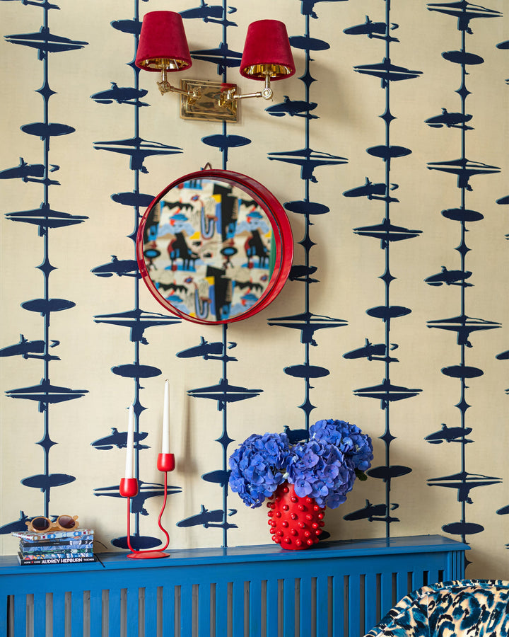 HI HATS Indigo Wallpaper (WP30235) by Mind The Gap | WP30235 | JAZZ LIVE | 1 roll x 52 x 1000 cm / 20.5 x 393.7in | 0.52m / 20.5in | 1000 cm / 393.7in | 5.20sqm / 55.9sq ft | 50cm / 19.6in | Beige, Indigo | Non-woven Satin | Paste the wall | 1 roll in a box | Fabric Carolina | https://www.fabriccarolina.com/
