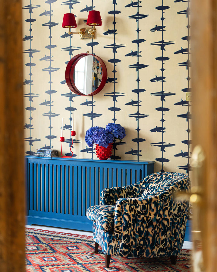HI HATS Indigo Wallpaper (WP30235) by Mind The Gap | WP30235 | JAZZ LIVE | 1 roll x 52 x 1000 cm / 20.5 x 393.7in | 0.52m / 20.5in | 1000 cm / 393.7in | 5.20sqm / 55.9sq ft | 50cm / 19.6in | Beige, Indigo | Non-woven Satin | Paste the wall | 1 roll in a box | Fabric Carolina | https://www.fabriccarolina.com/