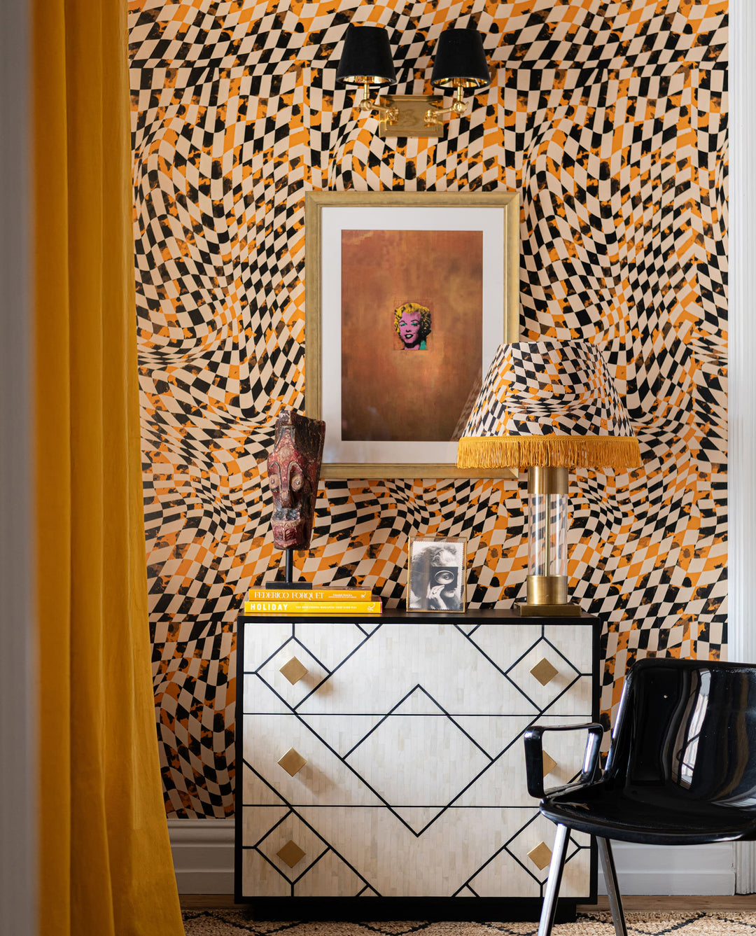 SPONTANEITY Yellow Wallpaper (WP30254) by Mind The Gap | WP30254 | JAZZ LIVE | 1 roll x 52 x 1000 cm / 20.5 x 393.7in | 0.52m / 20.5in | 1000 cm / 393.7in | 5.20sqm / 55.9sq ft | 150cm / 59in | Black, Yellow, Beige | Non-woven Satin | Paste the wall | 1 roll in a box | Fabric Carolina | https://www.fabriccarolina.com/