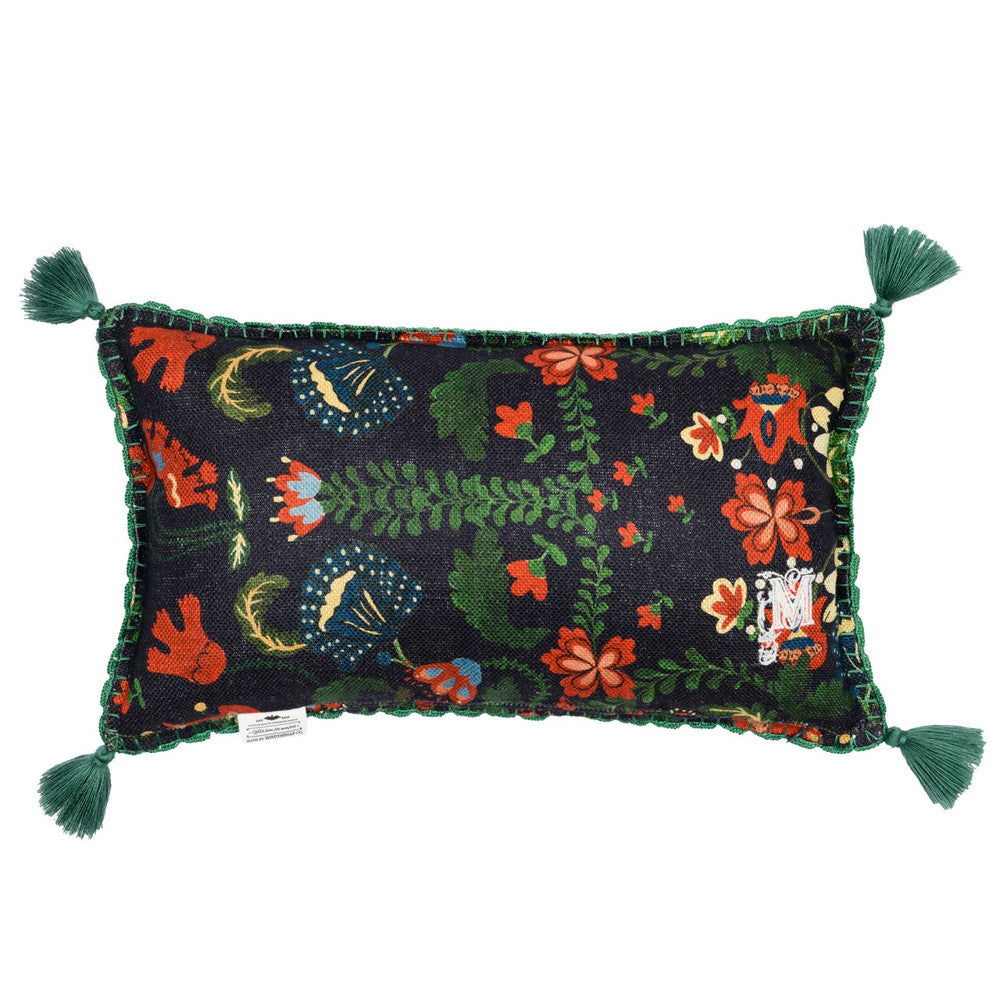 Zabola Linen Cushion by Mind the Gap Designer Pillow TRANSYLVANIAN ROOTS 100% Linen Made in Romania Green tassels 20 x 12 in - Swanky Fabrics -