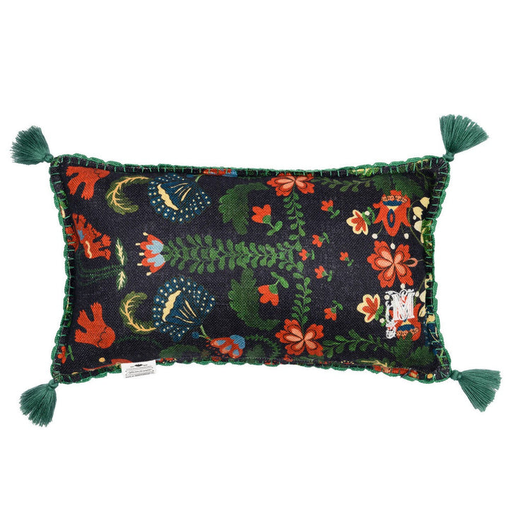 Zabola Linen Cushion by Mind the Gap Designer Pillow TRANSYLVANIAN ROOTS 100% Linen Made in Romania Green tassels 20 x 12 in - Swanky Fabrics -